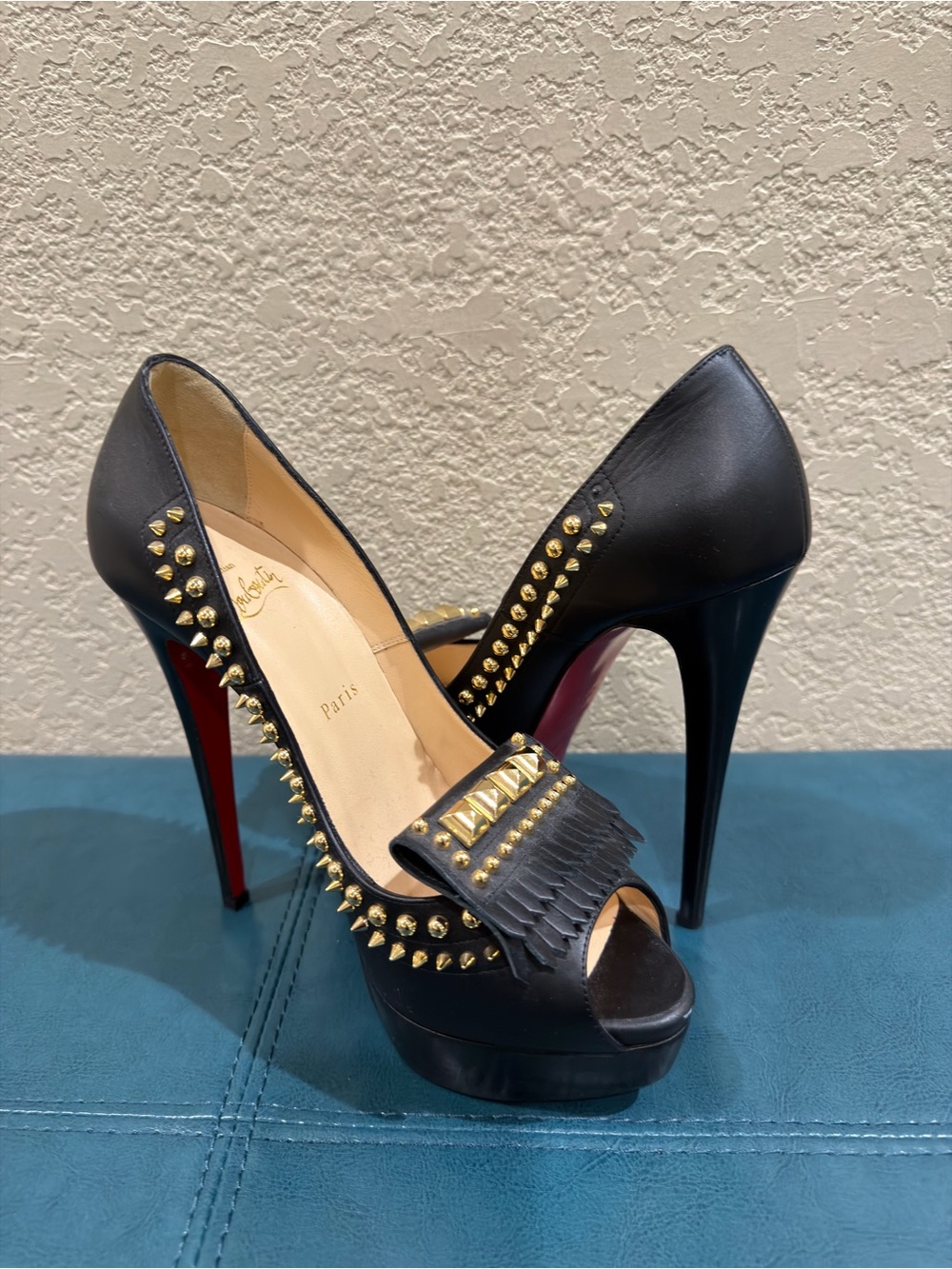 Christian Louboutin Black Leather Studded Stiletto Pumps with Gold Accents 39.5